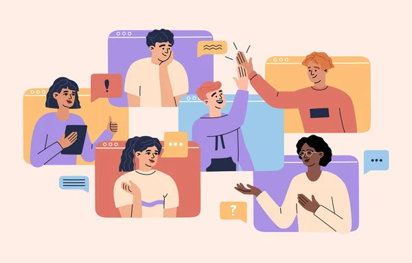 Çevrimiçi video çağrı konsepti, uzaktan çalışan işçiler, bilgisayar ekranı, evden çalışan bir grup erkek ve kadın meslektaşın bir araya geldiği sanal konferans, web iletişimi. Vektör illüstrasyonu