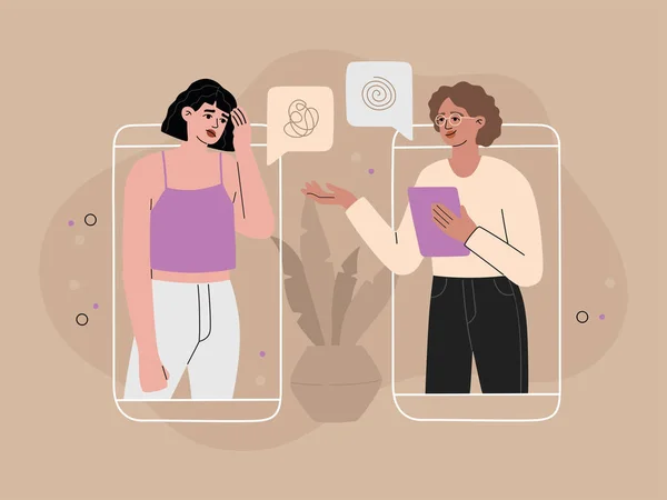 Telefon konseptiyle psikoloji ile çevrimiçi video görüşmesi depresyonlu ve zihinsel sorunları olan bir kızın karakteri. Kadın psikanalistle görüşüyor, akıl sağlığıyla ilgileniyor. Vektör illüstrasyonu