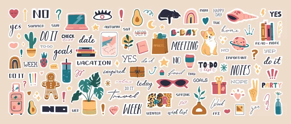 Big Collection Trendy Planner Stickers Diaries List Cute Weekly Pictures — Stock Vector