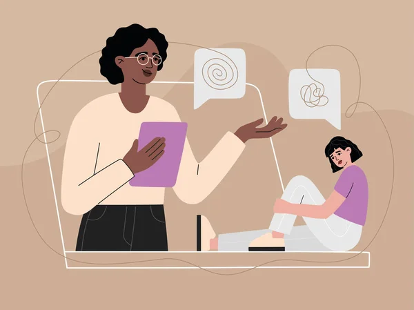 Psikolog, hastaya internetten video araması yaparak yardım ediyor. Üzgün bir kadınla görüşüyor. Sorunu olan bir kız psikanalistle, yardım hattıyla görüşüyor. Modern vektör illüstrasyonu