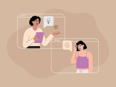Online psikoterapi destek konsepti. Depresyonda olan bir hasta. Ruh sağlığı servisi. Bilgisayar ekranında psikologla konuşan kız görüntülü konuşma, vektör illüstrasyonu.