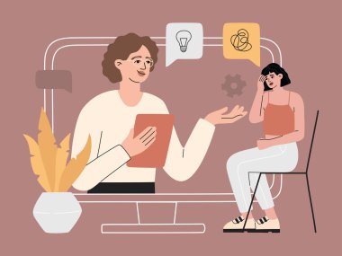 Üzgün bir hasta konseptiyle çevrimiçi psikolojik danışmanlık. Üzgün kız bilgisayarda bir psikologla oturup konuşuyor, internetten depresyondaki kadınlara danışmanlık yapıyor. Moda vektör illüstrasyonu