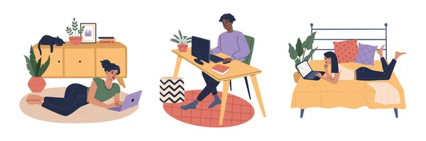 Freelancers Homem Mulher Trabalhando Casa Escritório Laptop Computador Com Conforto —  Vetores de Stock