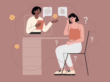 Üzgün bir hasta konseptiyle çevrimiçi psikolojik seans. Kız bilgisayarda oturuyor ve bir psikologla konuşuyor, konferans sırasında meçhul depresif bir kıza danışmanlık yapıyor. Moda vektör illüstrasyonu