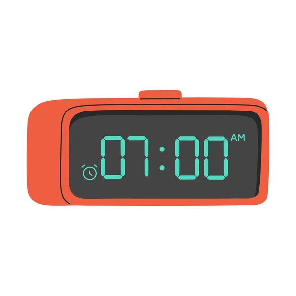 Önde gelen dijital alarm saati, elektronik kırmızı cihaz zamanlayıcısı, hatırlatıcı sembol simgesi, siyah ekran ve mavi sayılarla düz çizgi film tarzı, beyaz arkaplanda izole edilmiş modern trend vektör ilülasyonu.