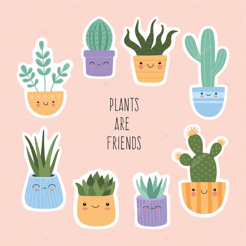 Stickers set of cute succulents cactus with smiling face, Mexican tropical home plants big collection. Hand drawn vector illustrations in modern trendy flat cartoon style, isolated on pink background