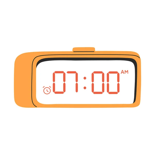 Önde gelen dijital alarm saati, elektronik sarı cihaz zamanlayıcısı, düz çizgi film tarzında hatırlatıcı sembol simgesi, beyaz arkaplanda izole edilmiş modern trend vektör çizimi.