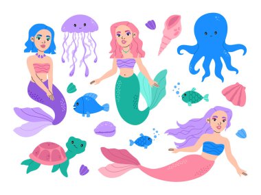 Şirin denizkızları ve eğlenceli okyanus hayvanları koleksiyonu. Kawaii prenses kız. Deniz canlıları ahtapot, denizanası, kabuk ve kaplumbağa sualtı sakinleri. Modern, modaya uygun düz çizgi film vektör çizimi