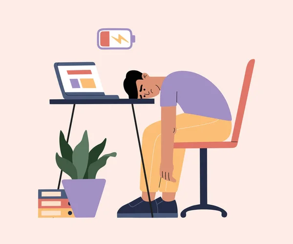 Man tired of hard working, sleepy at work, guy at office sits by the table with laptop and procrastinating, unhappy person overworked, needs battery recharge. Modern trendy illustration, flat style