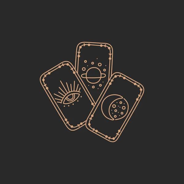Tarot cards logo, future fortune teller icon concept, gold simple line in boho style on black background, modern trendy hand drawn vector witch symbol and mystic design element, doodle flat shape