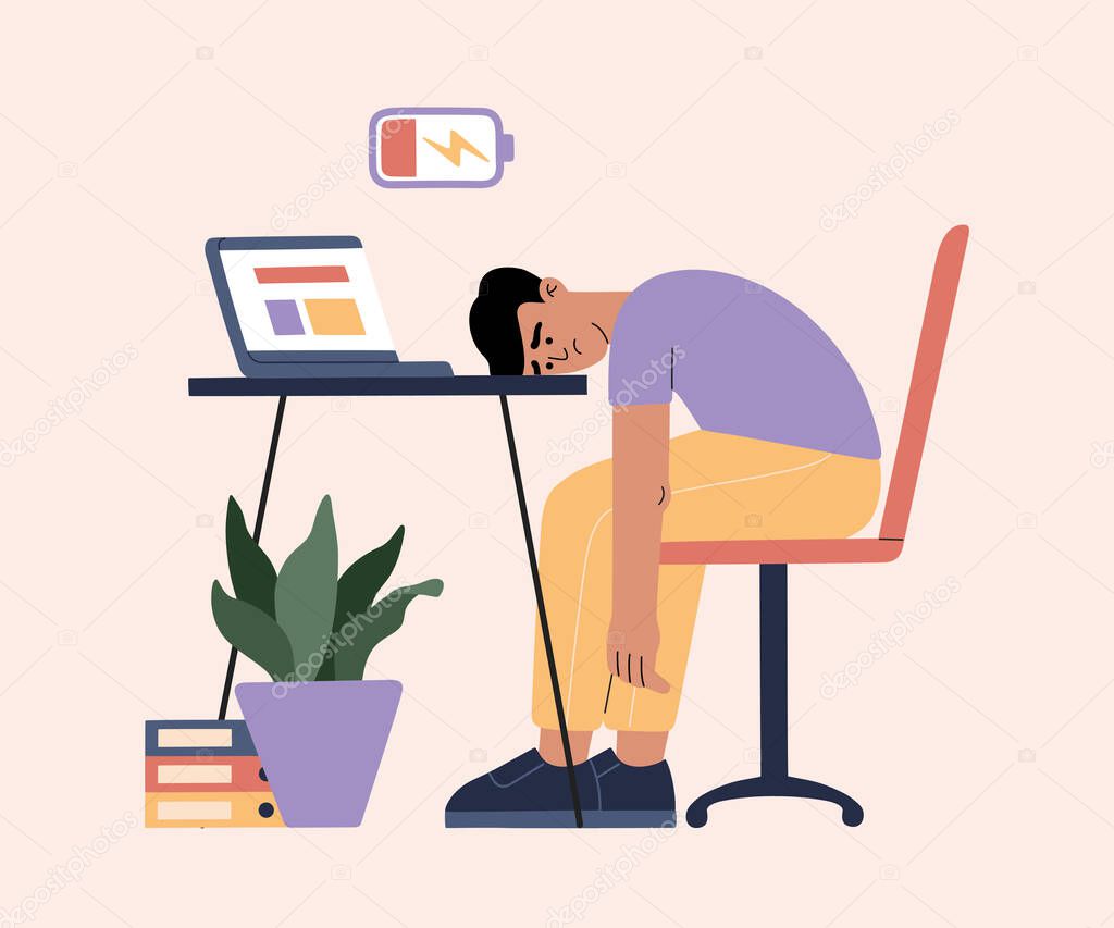 Man tired of hard working, sleepy at work, guy at office sits by the table with laptop and procrastinating, unhappy person overworked, needs battery recharge. Modern trendy illustration, flat style