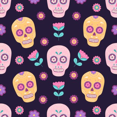 Çiçeksiz desenli geleneksel Meksika şeker kafatası, Cinco de mayonez sembolü. Ölüler Günü süs iskeleti. Çizgi film tarzında vektör illüstrasyonu, ambalaj kağıdı, mor zemin