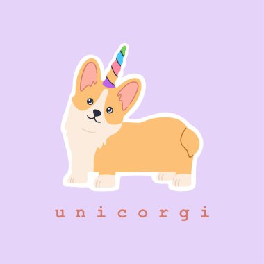 Renkli gökkuşağı boynuzuyla kawaii galsh corgi unicorn çıkartması, sevimli gülümseyen yüzlü küçük, sihirli bir köpek. Dost canlısı köpek yavrusu. Düz çizgi film tarzında el çizimi modern illüstrasyon