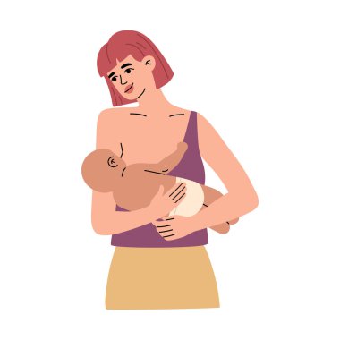 Yeni doğan bebeği kucağında tutan ve emziren genç bir anne. Kadın kalıyor ve bebeğini emziriyor. Eksiklik ve emme kavramı, düz çizgi film tarzında modern illüstrasyon beyaz arka planda izole edilmiş.