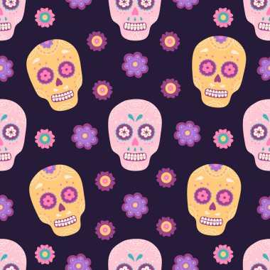 Çiçeksiz desenli geleneksel Meksika şeker kafatası, cinco de mayonez sembolü. Pembe, süslemeli sarı iskelet. Çizgi film tarzında vektör illüstrasyonu, ambalaj kağıdı, mor zemin