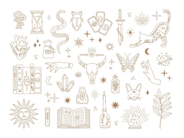 Cadılık kutsal büyük set, dövmeler için mistik sihirli semboller, gizemli altın çizgili sanat koleksiyonu, modern boho tarzı elementler güneş, tarot kartları, iksir. Vektör simgeleri ve logo illüstrasyonu, beyaz arkaplan