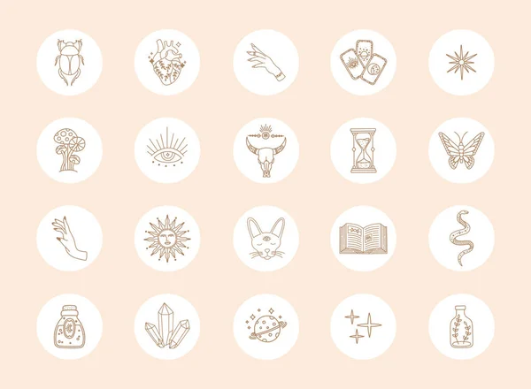 Boho simgeleri, altın yalın çizgi, sihirli sosyal medya kapakları, minimalist modern moda tarzı, vektör astroloji sembolü ve mistik tasarım unsurları, arka planda izole edilmiş karalama şekli çizimi