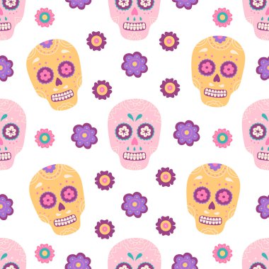 Çiçeksiz desenli geleneksel Meksika şeker kafatası, cinco de mayonez sembolü. Pembe, süslemeli sarı iskelet. Düz çizgi film biçimi, ambalaj kağıdı, beyaz arkaplan