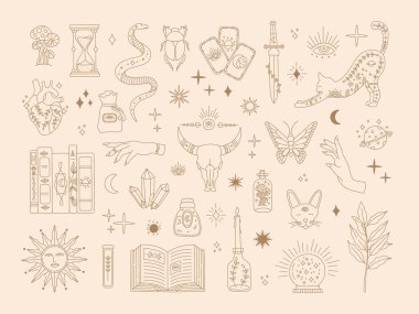 Cadılık kutsal büyük set, flaşlı dövme için mistik sihirli semboller, el yapımı gizemli altın çizgileri sanat koleksiyonu, modern boho tarzı elementler güneş, yıldızlar, göz, iksir. Vektör simgeleri ve logo resimlemesi