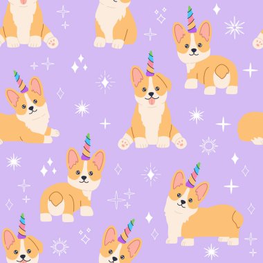 Renkli gökkuşağı boynuzuyla Kawaii corgi unicorn, sevimli gülümseyen yüzlü küçük sihirli köpek. Mor arka planda köpek deseni var. Düz çizgi film tarzında el çizimi modern illüstrasyon