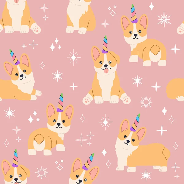 Renkli gökkuşağı boynuzuyla Kawaii corgi unicorn, sevimli gülümseyen yüzlü küçük sihirli köpek. Pembe arka planda köpek deseni var. Düz çizgi film tarzında el çizimi modern illüstrasyon
