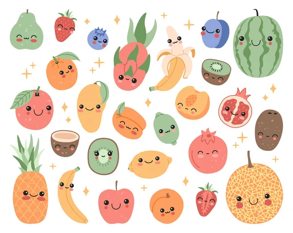 Kawaii Pequeñas Frutas Con Cara Sonriente Clip Dibujos Animados Linda — Archivo Imágenes Vectoriales