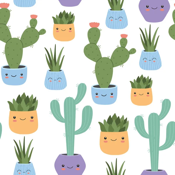 Kawaii Cactus Met Glimlachende Gezicht Naadloos Patroon Schattige Kinderen Mexicaanse — Stockvector
