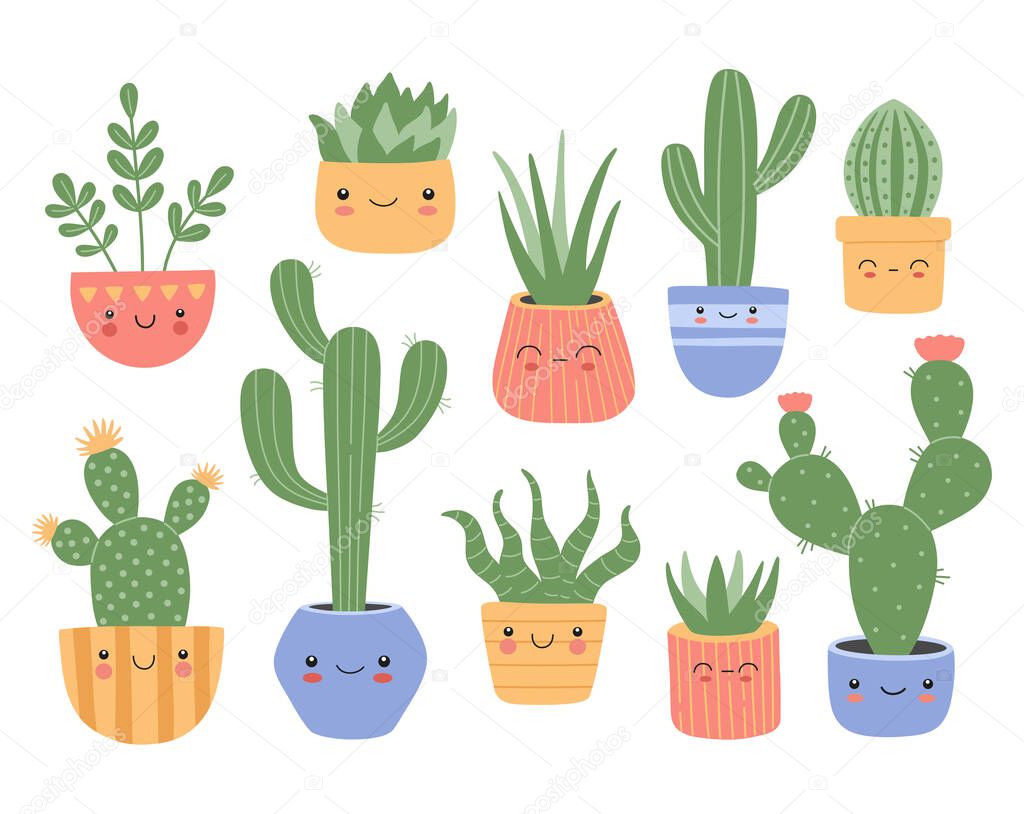 Set of cute succulents cactus with smiling face, Mexican tropical home plants big collection. Hand drawn vector clip art, illustration in modern trendy flat cartoon style, isolated on white background