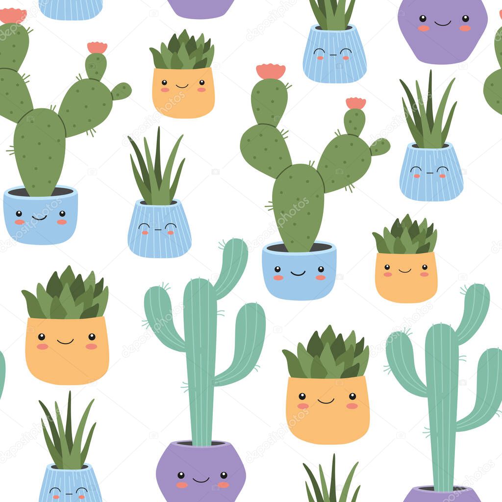 Kawaii cactus with smiling face seamless pattern, cute kids Mexican tropical home plants. Childish hand drawn vector illustrations in trendy flat cartoon style for textile, wrapping paper and fabric