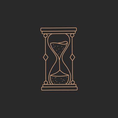 Kum saati ya da kum saati logosu, altın rengi basit sınır çizgisi, siyah zemin üzerinde boho tarzı, modern moda el çizimi vektör sihirli astroloji sembolü ve mistik tasarım unsuru, karalama düz şekil çizimi