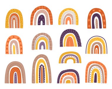 Çocuklar için boho gökkuşağı seti, soyut şekiller, el çizimi sevimli renkli nesneler ve modern karikatür tarzında elementler. Çocuk minimalist klip sanatı. Beyaz arkaplanda vektör illüstrasyon koleksiyonu