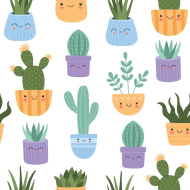 Tatlı sulu kaktüsler, gülen yüzlü, pürüzsüz desenler, Meksika tropikal bitkileri. Beyaz arkaplanda tekstil ve kumaş için modern modaya uygun düz çizgi film tarzında el çizimi vektör çizimleri