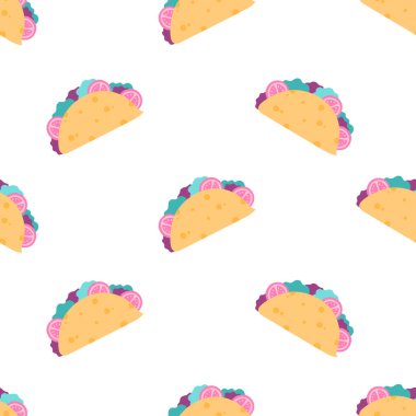 Taco Meksika geleneksel fast food kusursuz desen. Domatesli tortilla, sebze ve et. Beyaz arkaplanda kağıt veya tekstil paketlemek için el çizimi vektör kafesi çizimi düz çizgi film biçimi