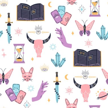 Cadılık kusursuz desen, mistik sihirli semboller, el yapımı gizem tekrarlayan duvar kağıdı, baskı tasarımı için modern tarz elementler. Kristal, tarot kartları, iksir. Kumaş ve tekstil için vektör illüstrasyonu