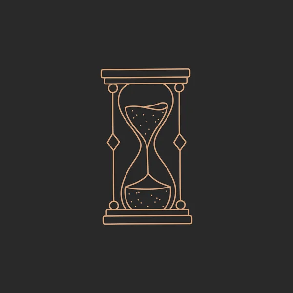 Kum saati ya da kum saati logosu, altın rengi basit sınır çizgisi, siyah zemin üzerinde boho tarzı, modern moda el çizimi vektör sihirli astroloji sembolü ve mistik tasarım unsuru, karalama düz şekil çizimi