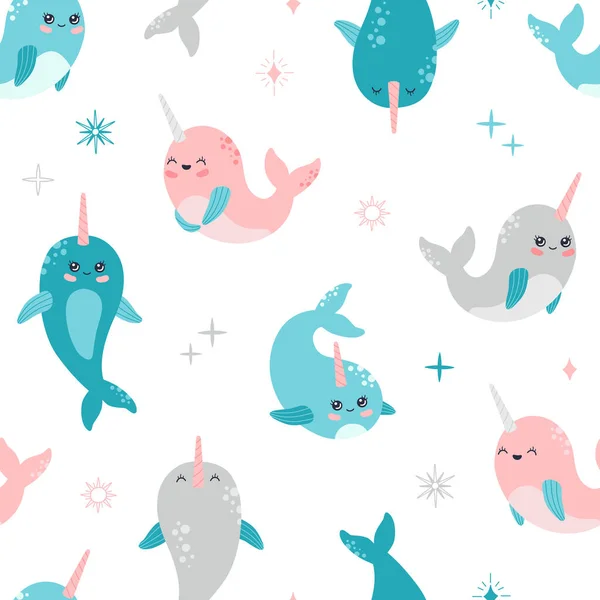 Kawaii Χαμογελώντας Narwhal Αδιάλειπτη Μοτίβο Χαριτωμένο Μωρό Φάλαινα Θαλάσσια Ζωή — Διανυσματικό Αρχείο