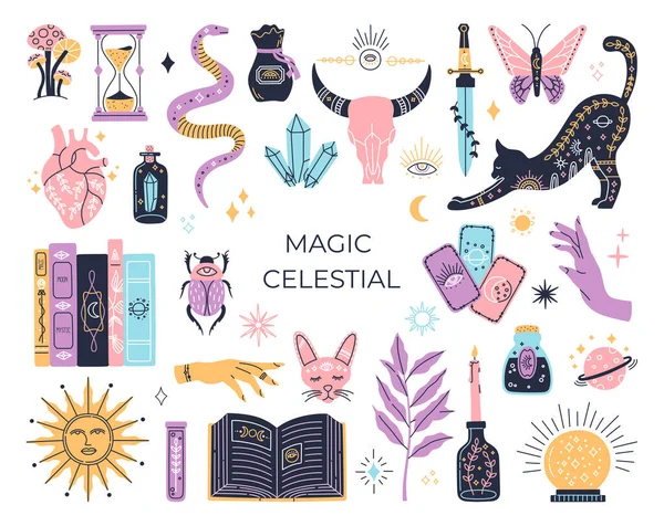 Cadılık seti, mistik sihirli semboller, el yapımı gizemli koleksiyon, baskı kristali için modern boho tarzı elementler, tarot kartları, iksir. Beyaz arkaplanda vektör simgeleri ve logo illüstrasyonu