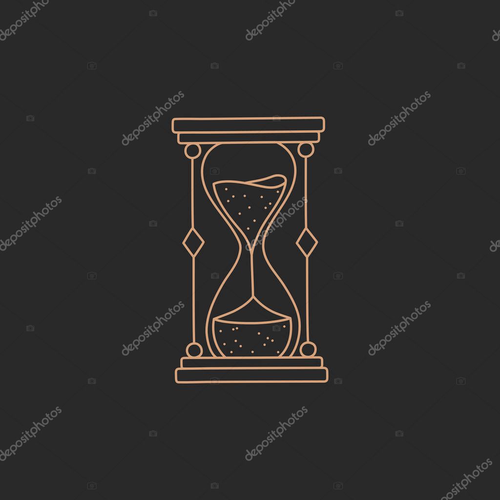 Hourglass or sandglass logo, gold simple contour line, boho style on black background, modern trendy hand drawn vector magic astrology symbol and mystic design element, doodle flat shape illustration
