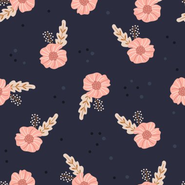 Bahar çiçeksiz desen, moda baskıları için klasik vektör tasarımı, pembe çiçekli kumaş ve duvar kağıdı, modern modaya uygun düz çizgi film tarzında elle çizilmiş zarif doku, mavi arkaplan
