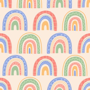 Kawaii gökkuşağı pürüzsüz desen, şirin soyut pastel renkler moda modern karalama düz stilinde çocuksu el çizimi elementler. Yaratıcı çocuklar kumaş, tekstil ve duvar kağıdı için vektör çizimi