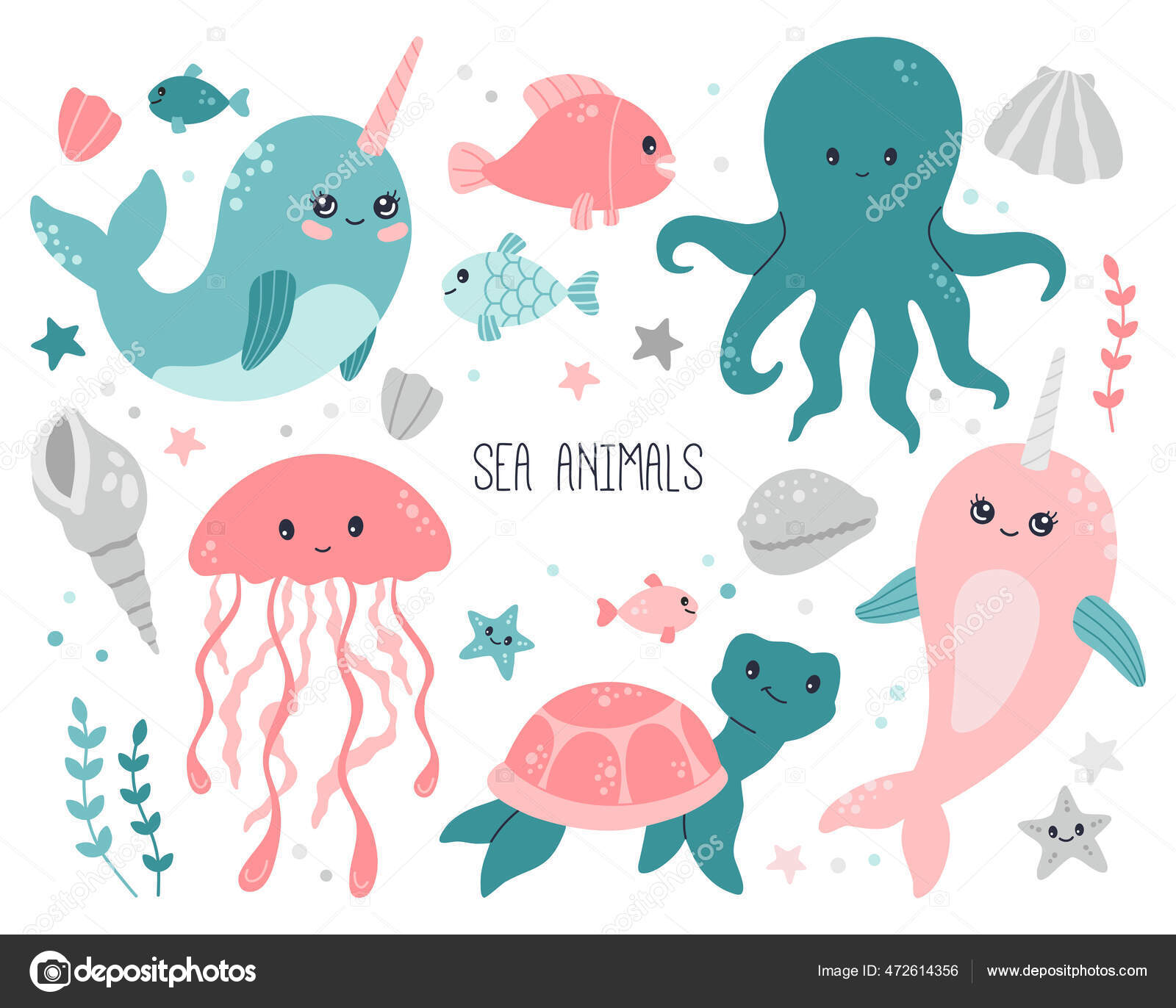 Ocean Sea Cute Baby Animals Collection White Background Marine Creatures Stock Vector Image by ©maybealice #472614356 Ocean Sea Cute Baby Animals Collection White Background Marine Creatures Stock Vector Image by ©maybealice #472614356