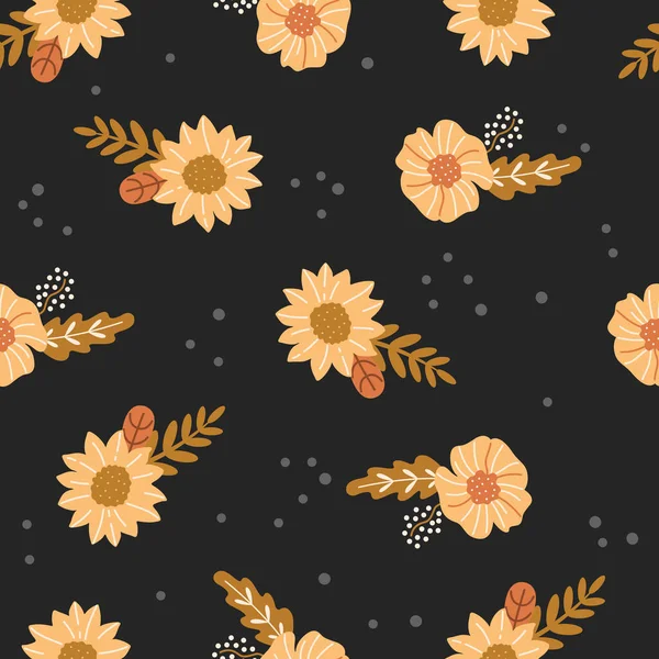 秋の花のシームレスなパターン ファッションプリントや壁紙のための創造的なヴィンテージベクトルデザイン 現代の流行のフラット漫画スタイル パステルカラー 黒の背景にレトロな優雅さのテクスチャを描きます — ストックベクタ