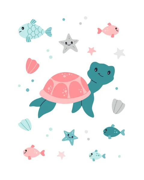Modern Affisch Med Roliga Leende Sköldpadda Och Undervattensvarelser Fisk Skal — Stock vektor