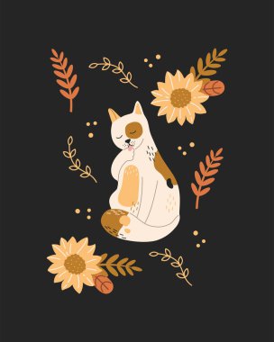 Şirin kedi yıkama, kawaii kedi yavrusu güzel çiçekler ve bitki süslemeleri. Posterler, afişler, kartlar için düz çizgi film tarzında komik karakter tasarımı konsepti. Siyah arkaplanda vektör illüstrasyonu