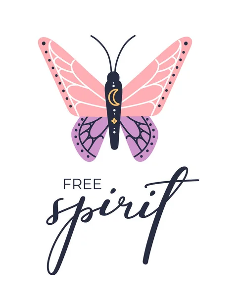 Poster Celestial Boho Moth Free Spirit Hand Written Lettering Print —  Vetores de Stock