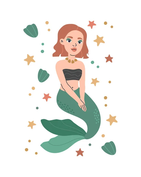 Cute Bohemian Red Hair Mermaid Poster Print Little Shell Starfish — ストックベクタ