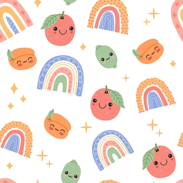 Χαριτωμένο Μωρό Φρούτα Και Ουράνια Τόξα Χαμογελαστό Πρόσωπο Κινούμενα Σχέδια — Διανυσματικό Αρχείο