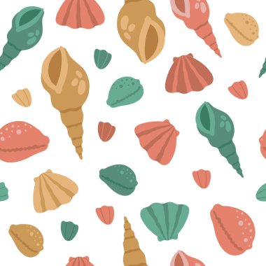 Boho deniz kabuğu, kusursuz yaz şablonu. Bohem deniz deniz deniz kabukları, beyaz arka planda modern moda vektör düz karikatür çizimi, çocuk duvar kağıdı veya ambalaj kağıdı için tekrar tasarımı