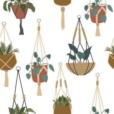 Asılı saksı desenli Boho ev bitkisi, modaya uygun ev dekorasyonu, makrome ekicilerde şık tropikal çiçekler, modern moda düz tarzda el çizimi vektör çizimi, arka plan tekrarı.