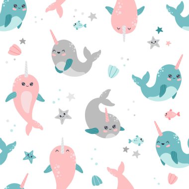 Kawaii deniz yıldızı, deniz yıldızı ve deniz kabuğu desenleri, sevimli bebek balina karakterleri. Deniz yaşamı, boynuzlu okyanus hayvanları, beyaz arka planda modern trend vektör düz çizgi film çizimi, tekrar tasarım